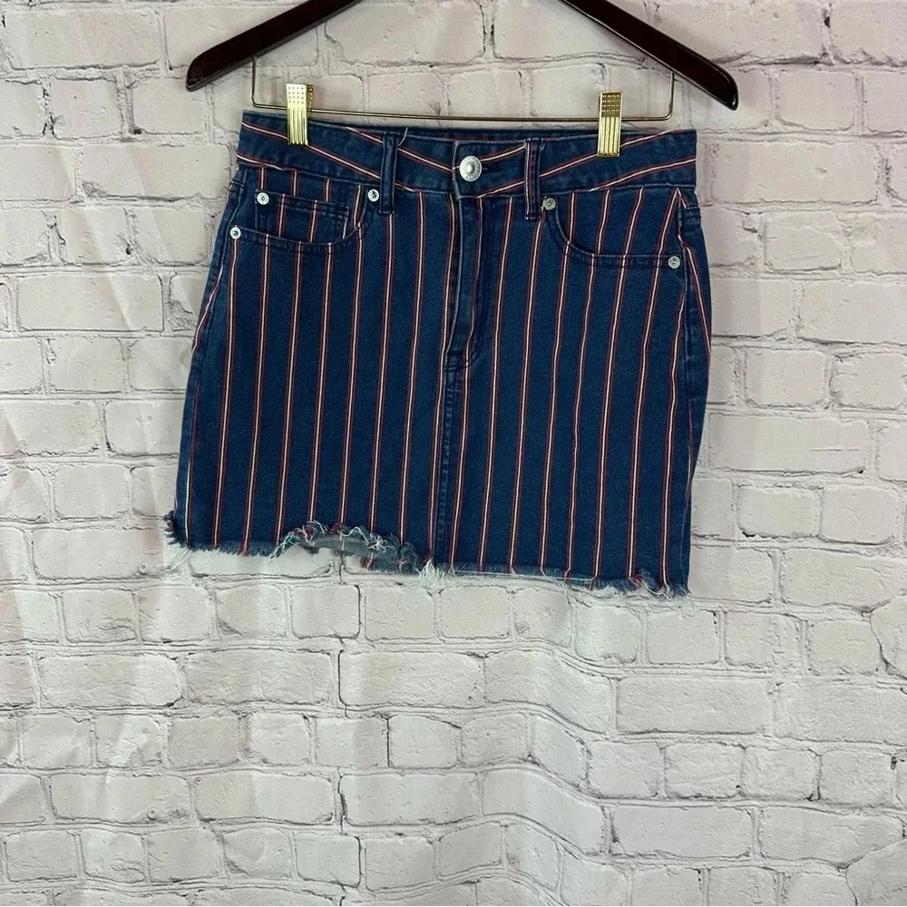 american eagle outfitters denim jean mini skirt  sz 6 boho western raw edge